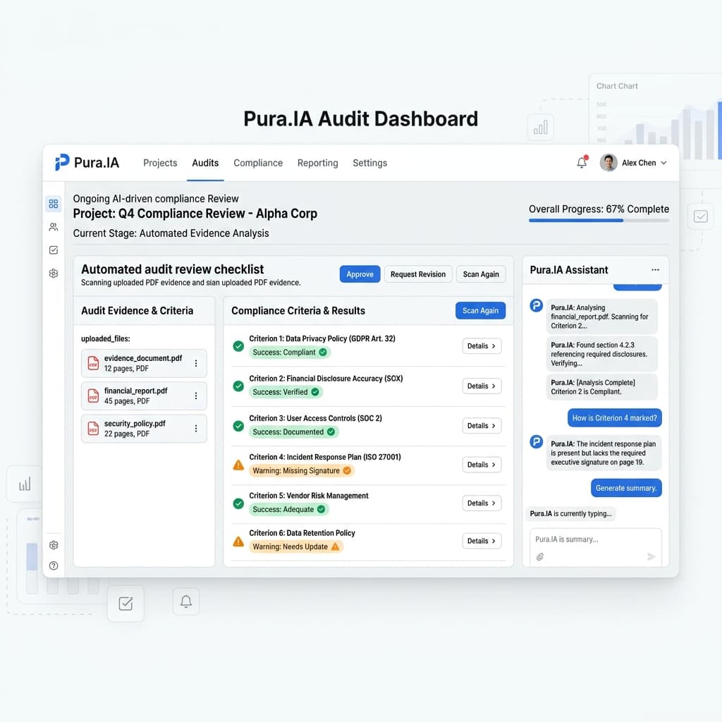 Painel de análise automatizada do Pura.IA verificando conformidade de documentos do MEC